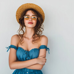 A beautiful woman in a blue dress and straw hat poses on a white background, wearing glasses, with her arms crossed over her chest and her hands behind her head, looking at the camera. 