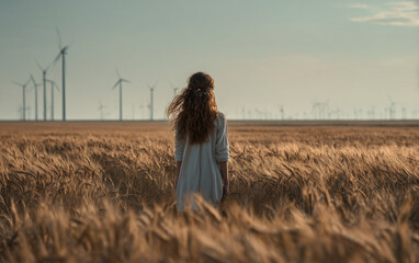A woman standing in the middle of an open field with wind turbines and wheat growing around her. 
