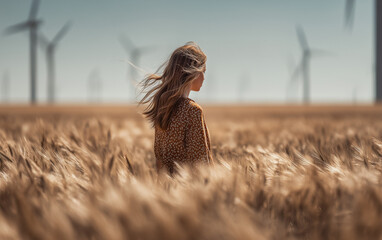  A woman standing in the middle of an endless wheat field, with wind turbines in the background. 