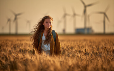 A woman walking in the middle of an open field with wind turbines, wheat fields, and natural lighting. 
