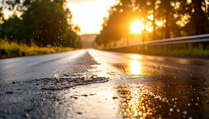 Beautiful Puddle on Deserted Highway Under Soft Dawn Light