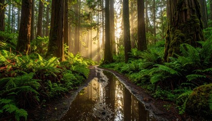 Obraz premium Tranquil Forest Trail with Puddle and Soft Dawn Light Beams