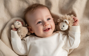 A baby is lying on the bed, smiling and waving their hand. The background of light beige linen fabric creates soft lighting and warmth.