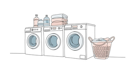 Laundry room with washing machines and basket – one line doodle drawing with watercolor fill, minimalistic vector illustration on white background