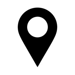Solid black pictogram of a location pin with circular cutout on a white background, slightly leaning. Symbolizes precise placement, navigation, and presence.
