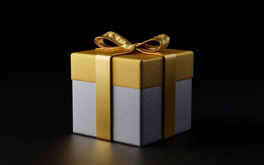 A gift box with a gold ribbon, a silver and white color combination, a black background, high-resolution product photography, studio lighting, commercial photography,