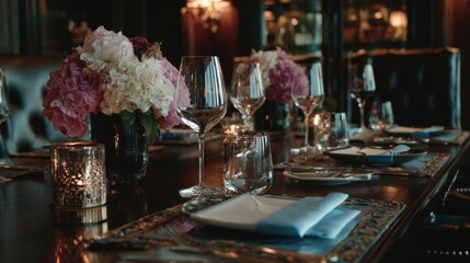 Elegant formal table setting with gold accents and white flowers creates luxurious dining experience