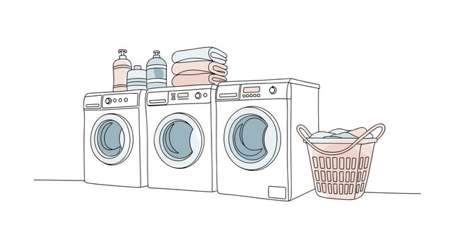 Laundry room with washing machines and basket &ndash; one line doodle drawing with watercolor fill, minimalistic vector illustration on white background.