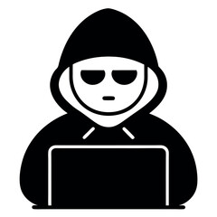 Silhouette of a Hooded Hacker with Sunglasses Using Laptop Computer, Isolated on White Background