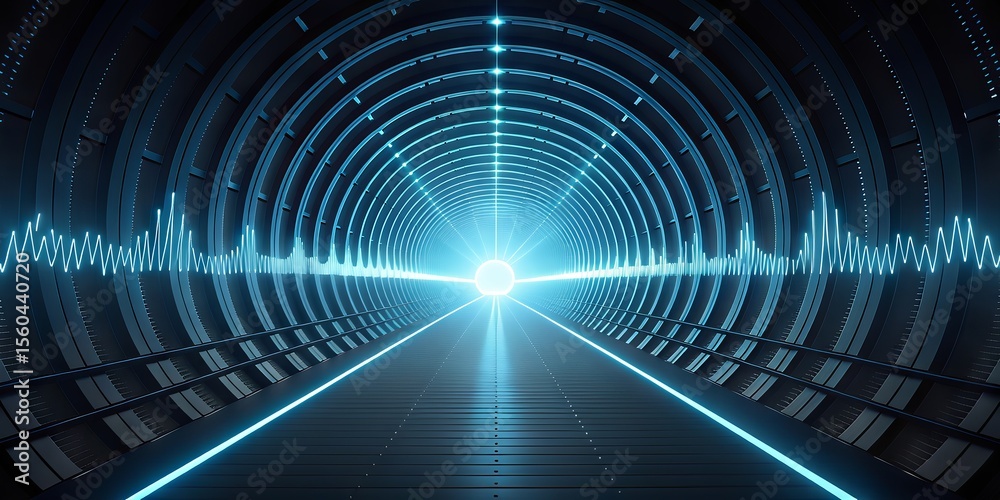 Poster A futuristic tunnel illuminated by blue neon lights with a glowing central point and a waveform pattern running across its length.