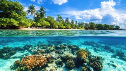 Tropical Paradise: Underwater Coral Reef and Beach Scene