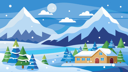 Cozy winter cabin nestled amongst snow covered pine trees with majestic mountains in the background under a snowy sky