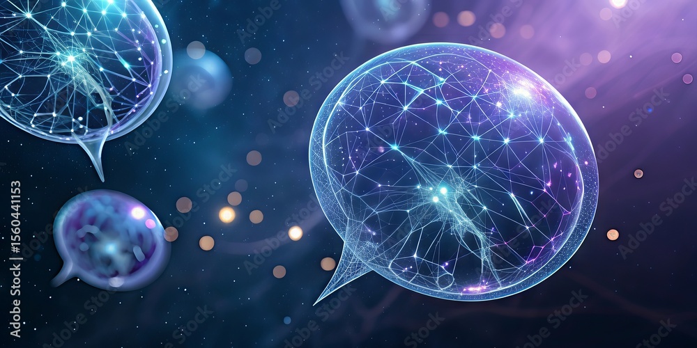 Poster Abstract digital speech bubbles with interconnected network lines and glowing nodes on a dark blue and purple background.