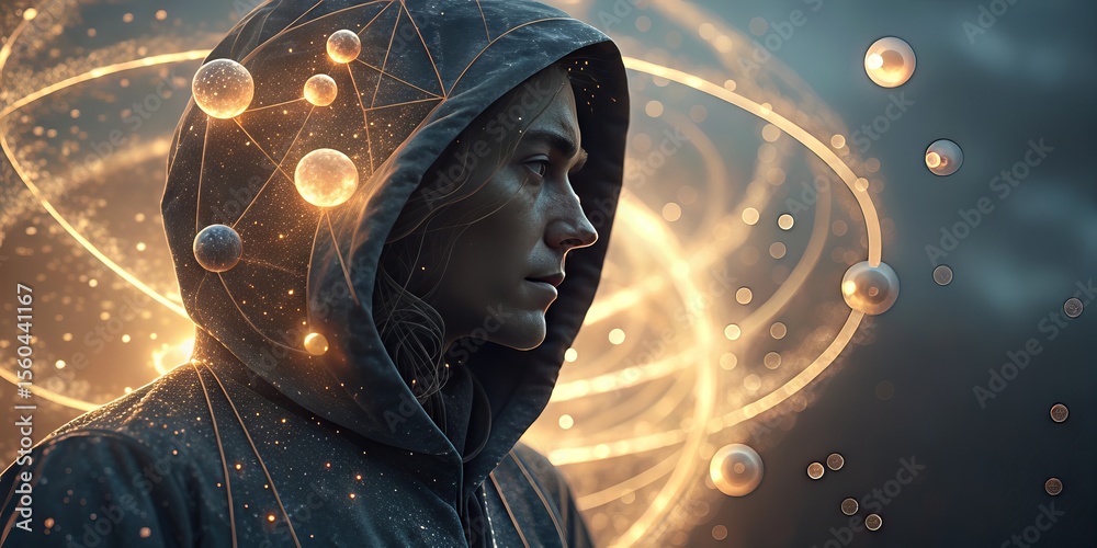 Poster A person in a hooded jacket is surrounded by glowing orbs and geometric light trails, creating a futuristic and introspective atmosphere.