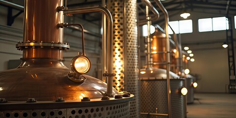 Copper distillation equipment inside a distillery with warm lighting and industrial ambiance.