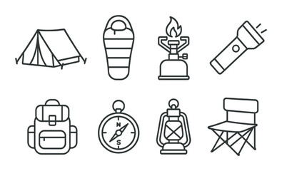 Camping gear icons set – silhouette, outdoor equipment and adventure symbols