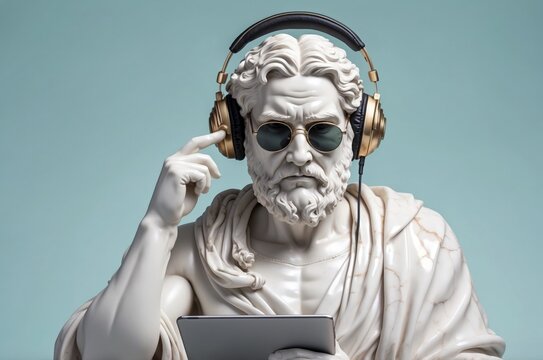 Modern interpretation of a classical sculpture featuring a sage enjoying music with headphones and sunglasses