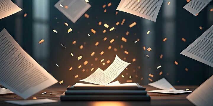 A typewriter releases flying papers and glowing particles in a dramatic, dark setting, symbolizing creative writing or ideas taking flight.