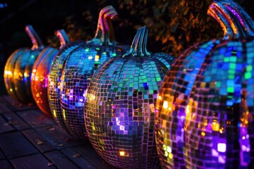 Glowing disco ball pumpkins creating a festive atmosphere for halloween celebration