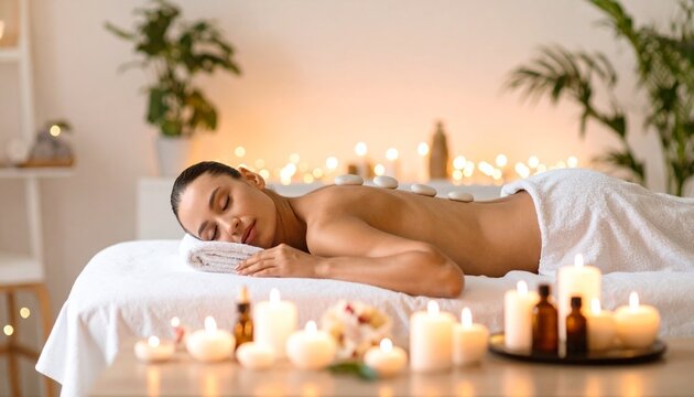 A tranquil spa scene with a woman enjoying a hot stone massage, surrounded by soft candlelight. Perfect for advertising relaxation, wellness, beauty, and luxury spa services
