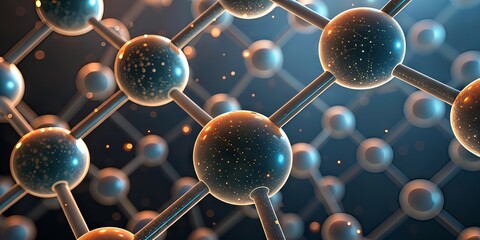 A close-up 3D illustration of interconnected molecules forming a complex molecular structure with glowing particles on a blue background.