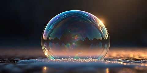 A close-up of a shimmering soap bubble resting on a surface with colorful reflections and a dark blurred background.