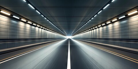 A futuristic, symmetrical tunnel with illuminated walls and a smooth road leading to a bright vanishing point.