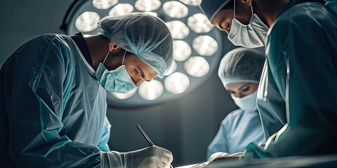 Surgeons in scrubs and masks perform a precise operation under bright surgical lights in a sterile operating room environment.