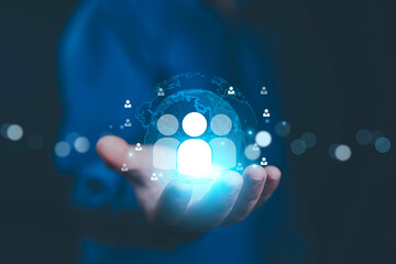 Businessman showing concept of human resources, employees, employment, management, training, HR, technology, business leadership concept, consulting, customer concept, digital service.	
