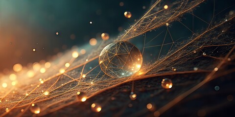 A glowing transparent sphere rests on a complex web of golden threads, surrounded by smaller spheres, creating a futuristic and abstract digital scene.