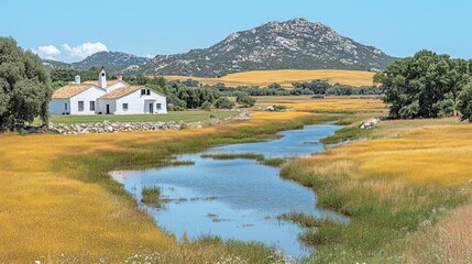 Picturesque Country House Along a Flowing River Landscape