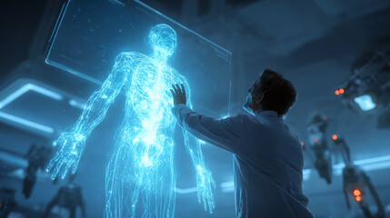 Male doctor in a white coat interacting with a holographic patient body scan, futuristic hospital background with glowing blue panels and medical robots in the distance.