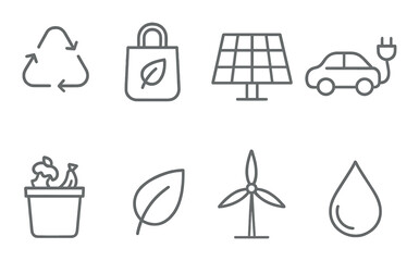 Eco-friendly line icons set – recycling, sustainability, and green living symbols