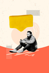 Sketch image trend artwork montage 3D photo collage of young man sit down type phone chatting...