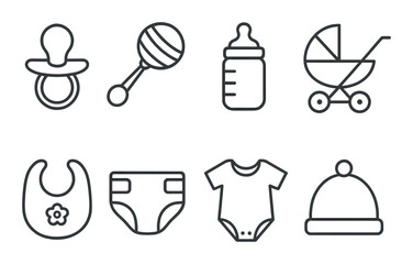 Infant care icons set &ndash; silhouette, baby essentials and nursery symbols