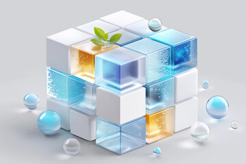 A cube made of glass with a leaf on top