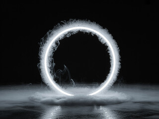 Glowing White Neon Circle Ring in Smoke and Fog on Dark Background Abstract Futuristic Concept