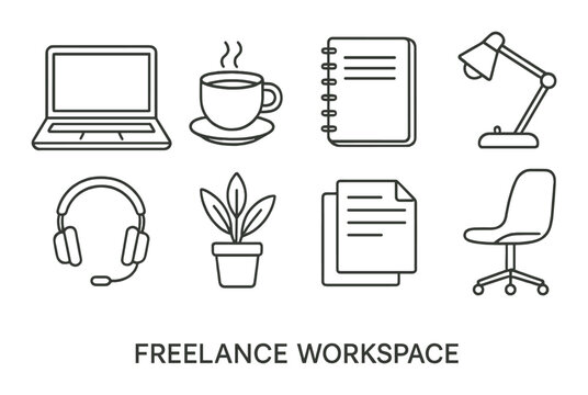 Workspace icons set – linear style for freelance, office, and productivity designs