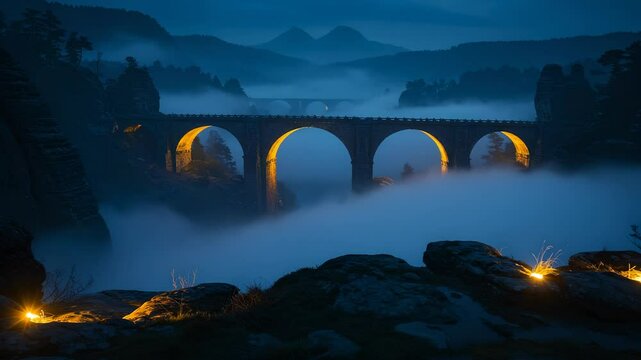 Mystical sandstone bridge illuminated at night amid fog, magical saxony landscape