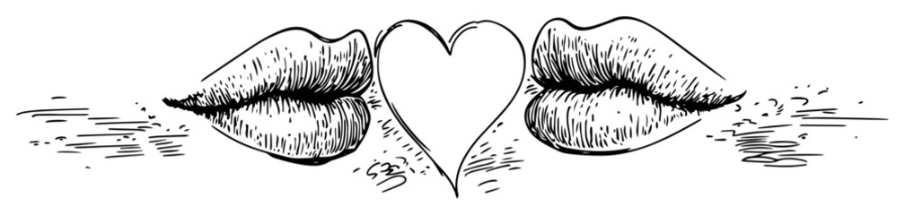 hand drawn lips and heart divider vector line art illustration