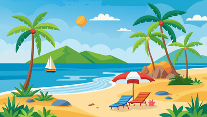 Obraz premium Idyllic tropical beach scene with palm trees lounge chairs and a sailboat on a sunny day