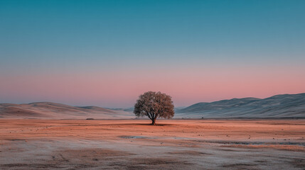 Minimalist Landscape of a Tree in an Open Meadow on a Sunny Day