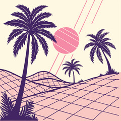 Retro tropical landscape with palm trees sun and grid terrain in pastel colors and linear sun rays