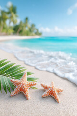 Two orange and white starfish are on the sand near the water
