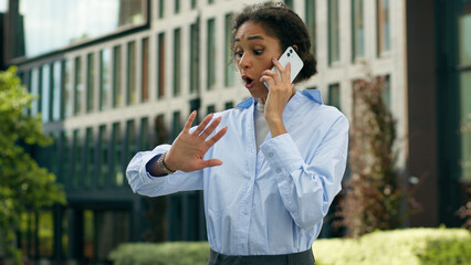 African American business woman ethnic girl female businesswoman student talking mobile phone talk...