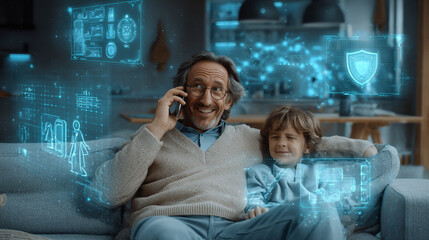 Naklejka premium A man sat on the couch, talking on his phone, smiling and happy while touching the holographic screens displaying symbols floating around him in the space. 