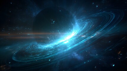 Obraz premium Dynamic cosmic art showing a powerful gravity wave emerging from a ringed planet in deep space.