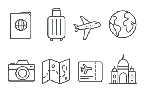 Travel essentials line icons set – simple vacation and trip planning symbols