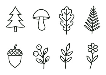 Forest nature icon set – linear, simple and minimalist woodland symbols collection