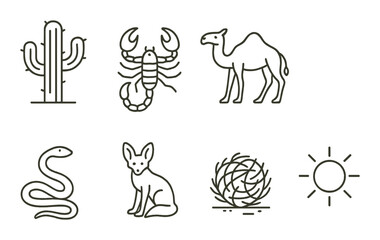 Desert wildlife icons set – outline, simple, nature and animal symbols for desert themes